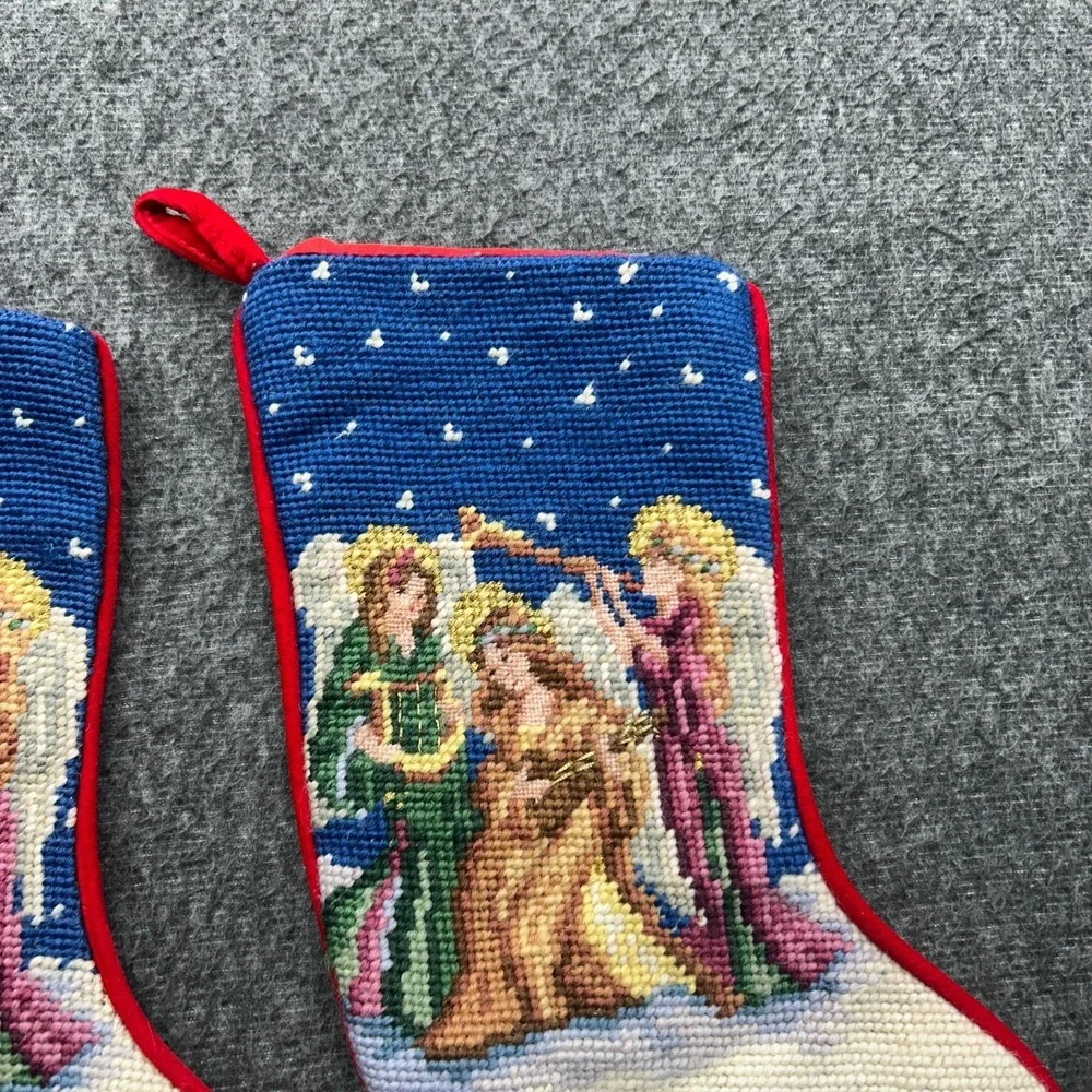 Vintage Christmas Needlepoint Angel Stockings Lined Inside Velvet Backing Set